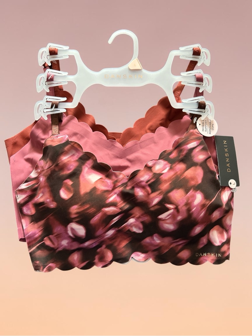 Danskin Rose-Pink Floral Scalloped Sports Bralettes 3/pack~ Size Large~NWT 🆕